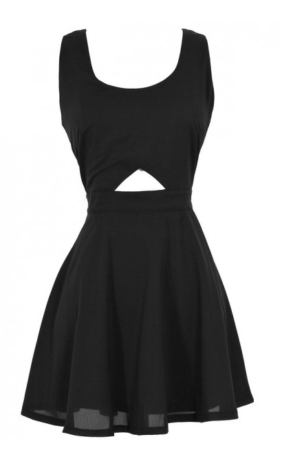 Cutout Fit and Flare Basket Weave Skater Dress in Black